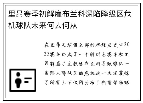 里昂赛季初解雇布兰科深陷降级区危机球队未来何去何从